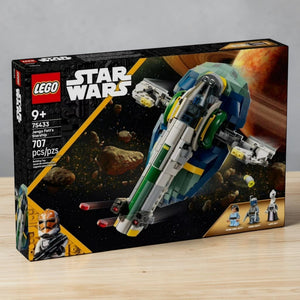 [lifestyle-shelf-box] A Brick Apart LEGO Star Wars Jango Fett's Starship set with minifigures, display stand, and illustrated packaging box.