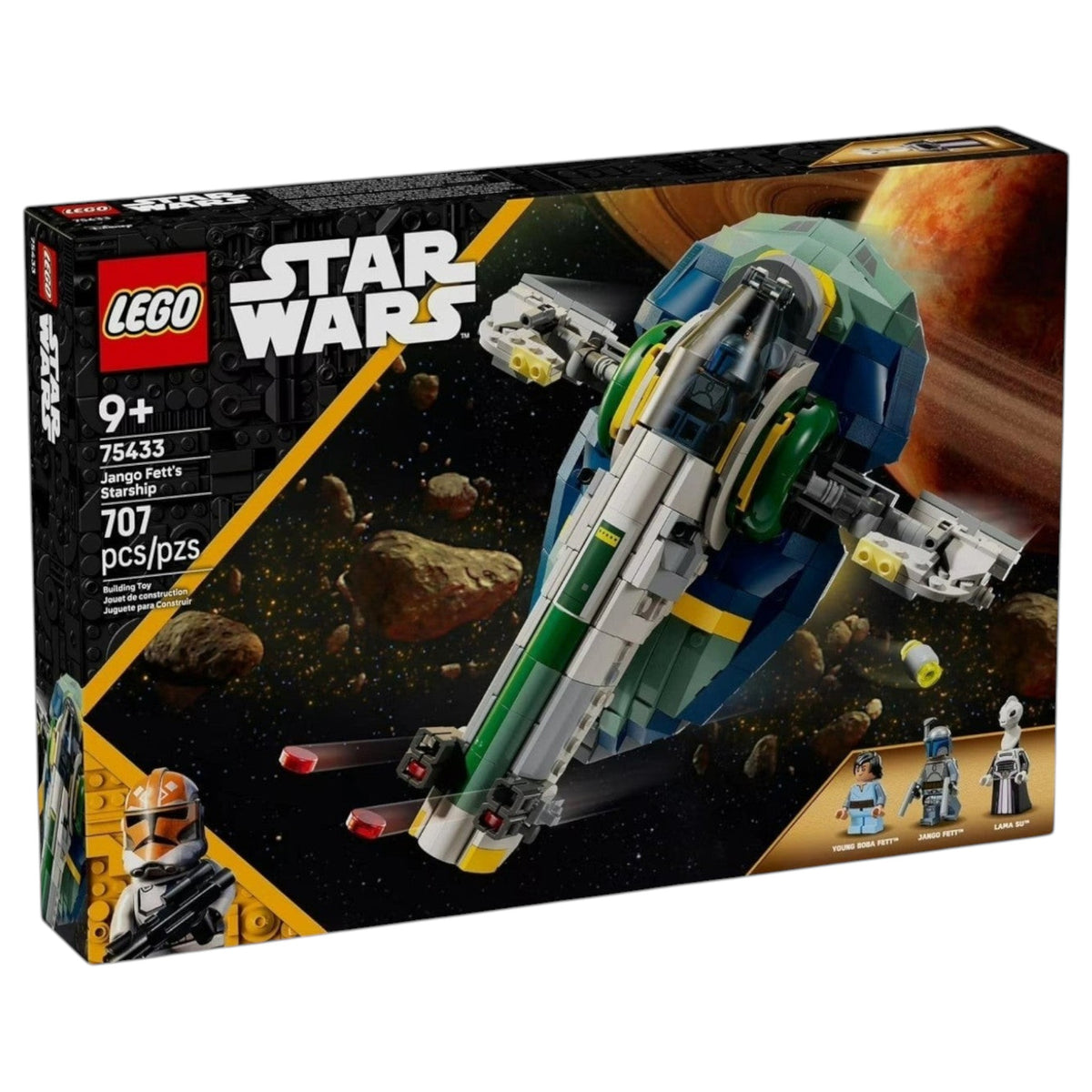 [box-front] A Brick Apart LEGO Star Wars Jango Fett's Starship set with minifigures, service cart, and detailed building box.