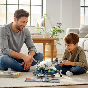 [lifestyle-person] A Brick Apart LEGO Star Wars Jango Fett's Starship set being built by a father and son on a living room rug.