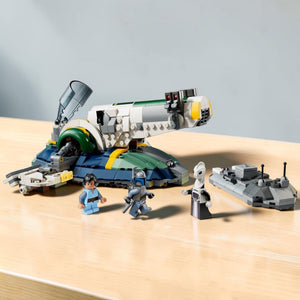 [lifestyle-shelf-built] A Brick Apart LEGO Star Wars Jango Fett's Starship set with minifigures of Jango, Boba Fett, and Lama Su on display.