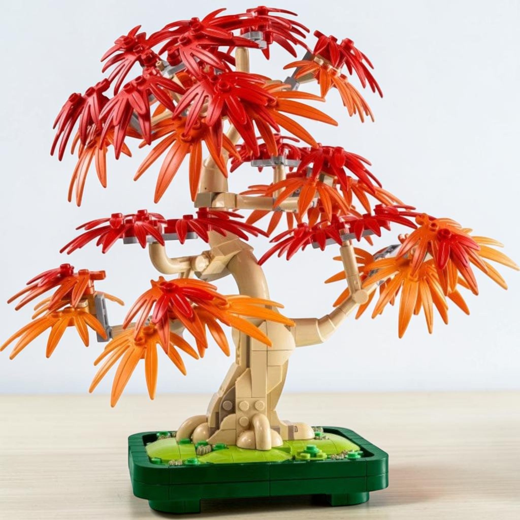 A Brick Apart LEGO Botanicals Japanese Maple Tree with vibrant red and orange leaves in a dark green bonsai pot.