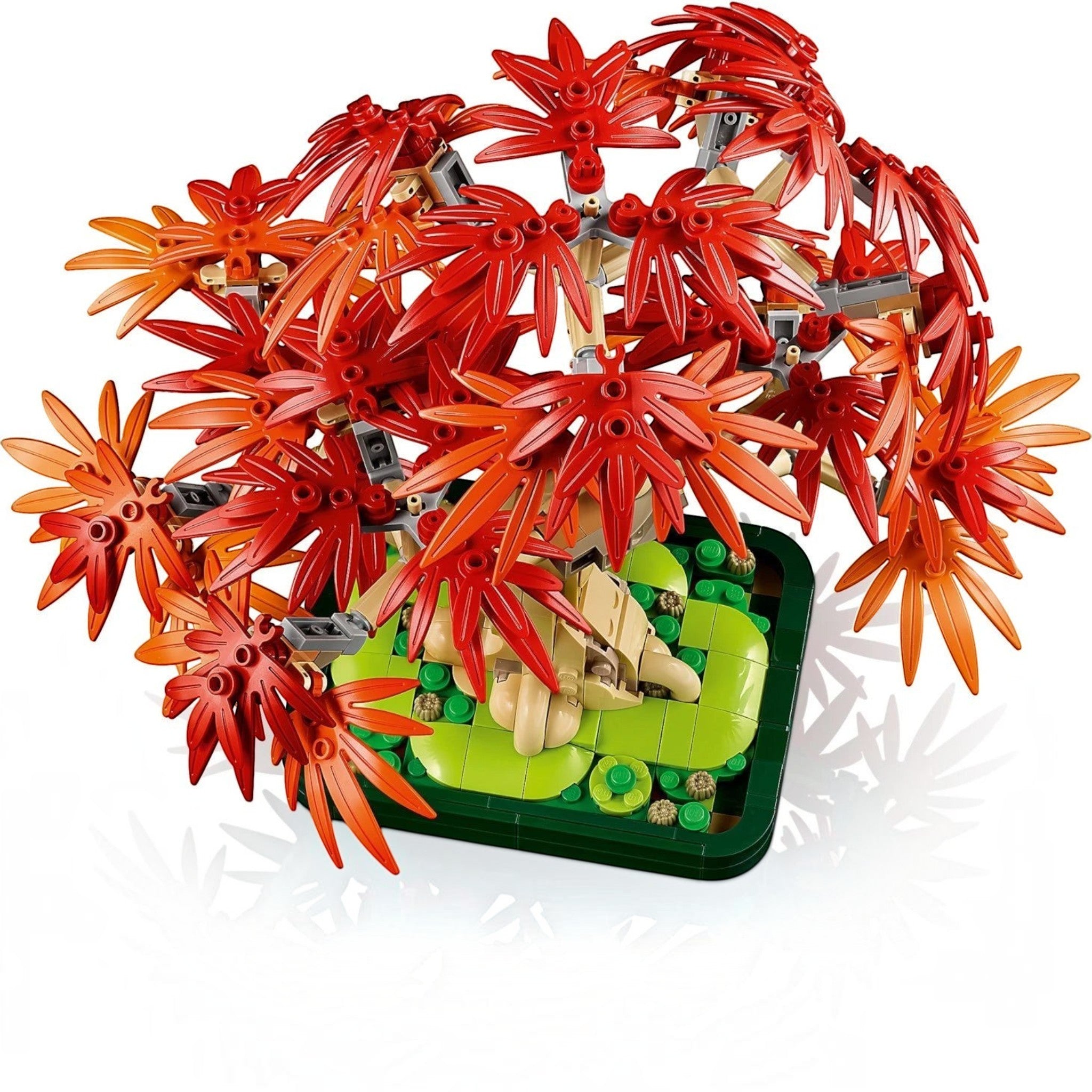 A Brick Apart LEGO Botanicals Japanese Maple Tree with vibrant red and orange leaves in a dark green bonsai pot.