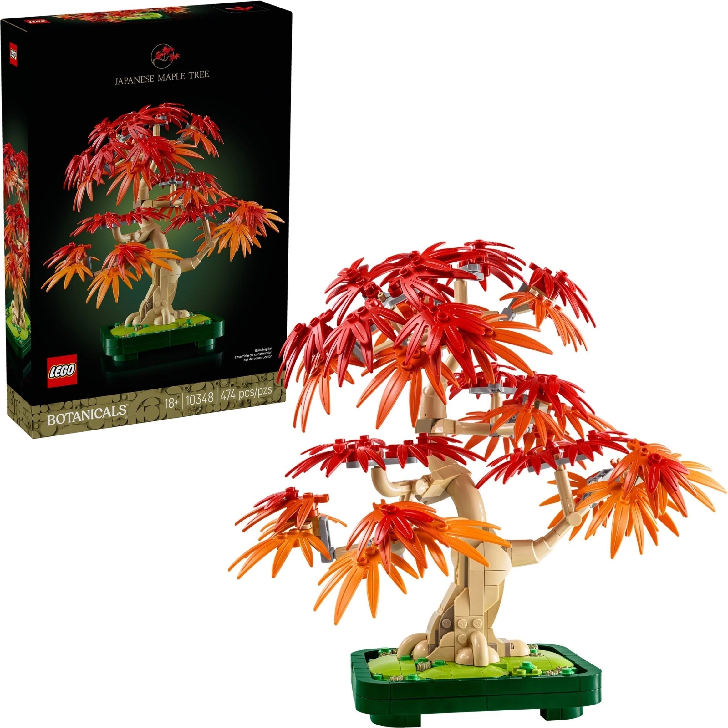 A Brick Apart LEGO Botanicals Japanese Maple Tree building set featuring red and orange leaves in a green bonsai pot.
