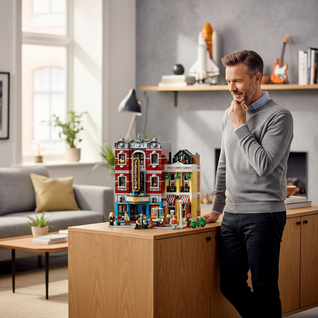 A Brick Apart LEGO Icons Jazz Club set displayed on a wooden table with a man admiring the detailed modular building.