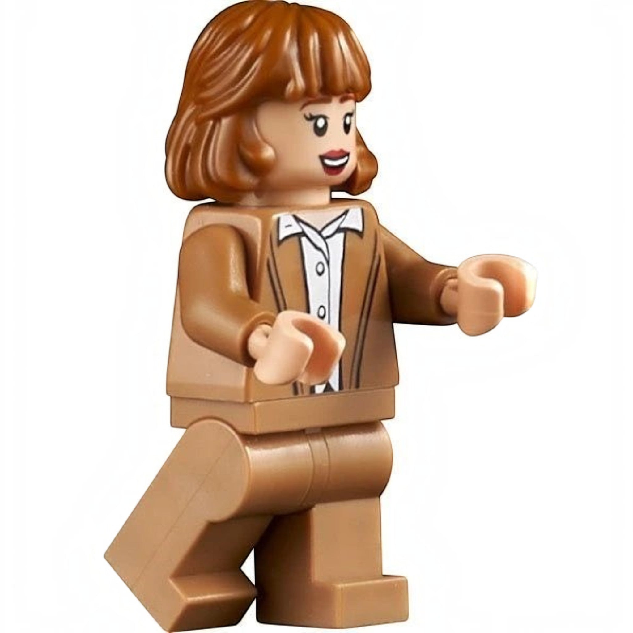 A Brick Apart LEGO Kate McCallister minifigure from the Home Alone set wearing a brown jacket and white shirt.