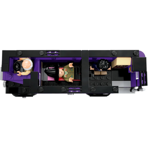 [built-detail] A Brick Apart LEGO Harry Potter Knight Bus interior view showing minifigures in beds and the driver seat