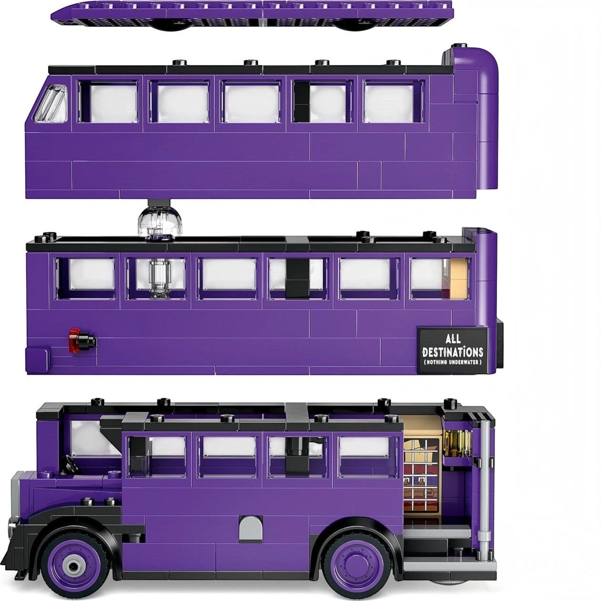 A Brick Apart LEGO Harry Potter Knight Bus set showing the triple-decker purple bus with detachable levels.