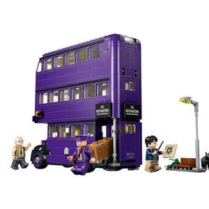 A Brick Apart LEGO Harry Potter Knight Bus triple-decker purple vehicle with minifigures and accessories on a table.