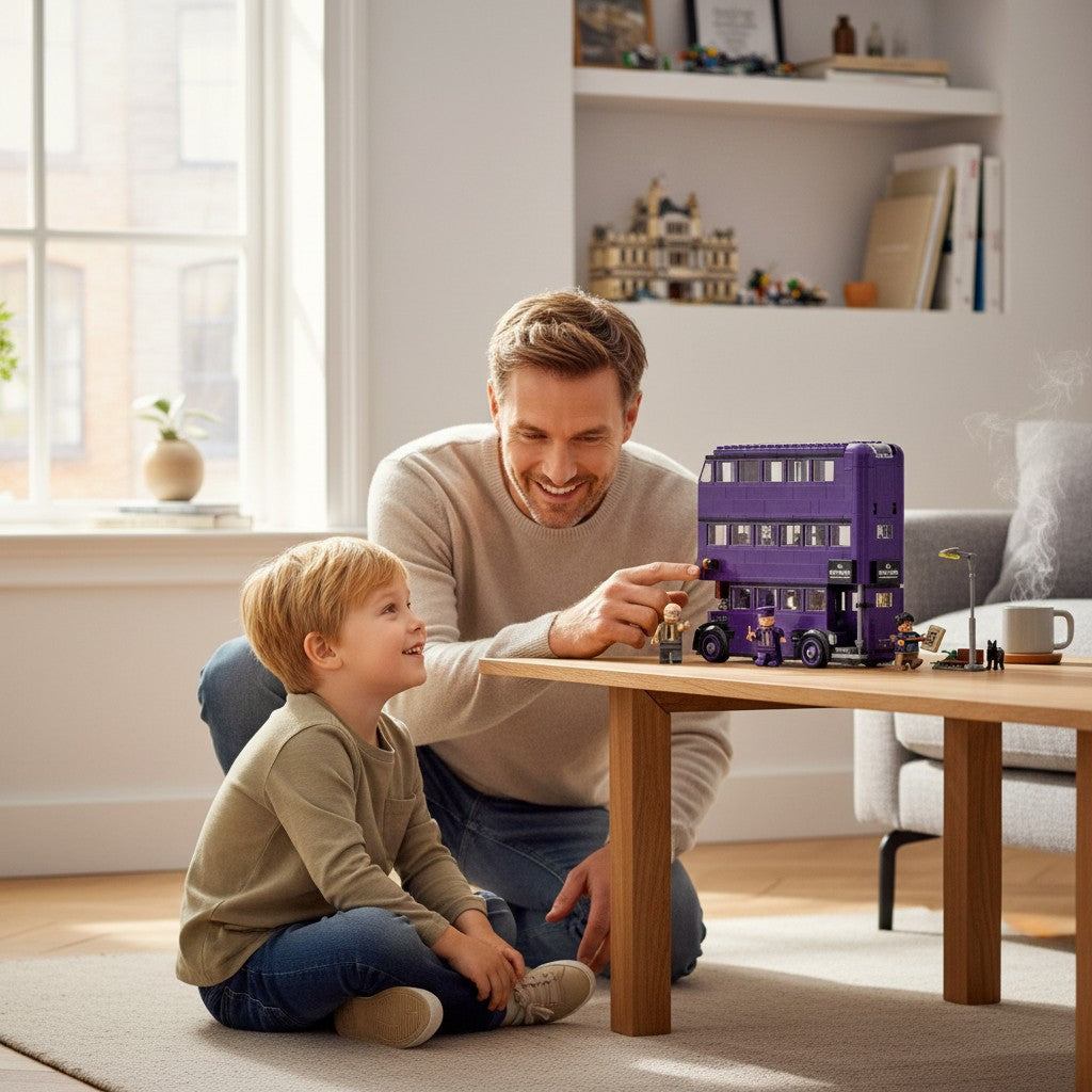 A Brick Apart LEGO Harry Potter Knight Bus set being played with by a father and son in a bright living room.