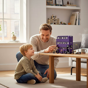 A Brick Apart LEGO Harry Potter Knight Bus set being played with by a father and son in a bright living room.