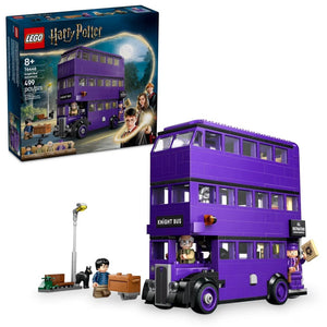 A Brick Apart LEGO Harry Potter Knight Bus set featuring a purple triple-decker bus, five minifigures, and accessories.