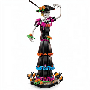 [built-angle] A Brick Apart LEGO Ideas La Catrina figurine featuring a skeletal figure in an elegant black dress with marigolds.