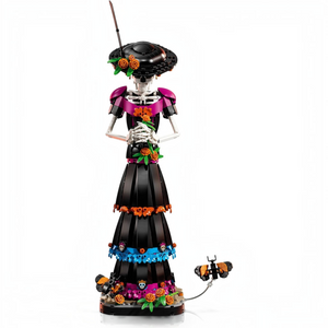[built-angle] A Brick Apart LEGO Ideas La Catrina figurine featuring a skeletal figure in an elegant black dress with marigolds.