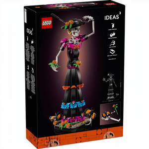 [box-back] A Brick Apart LEGO Ideas La Catrina set box showing the assembled skeletal figurine with marigolds and butterflies.
