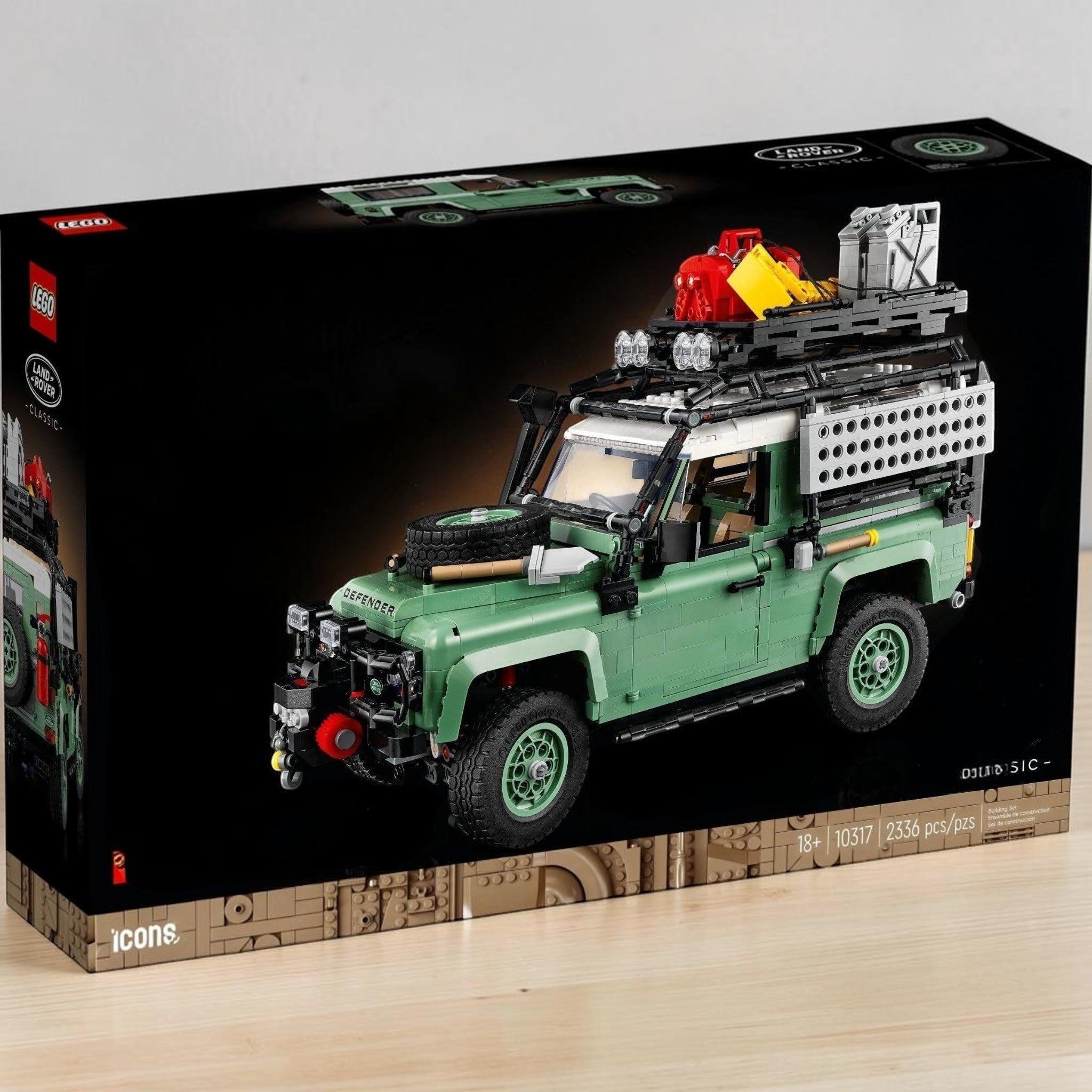 A Brick Apart LEGO Icons Land Rover Classic Defender 90 set box featuring a sand green off-road vehicle model.