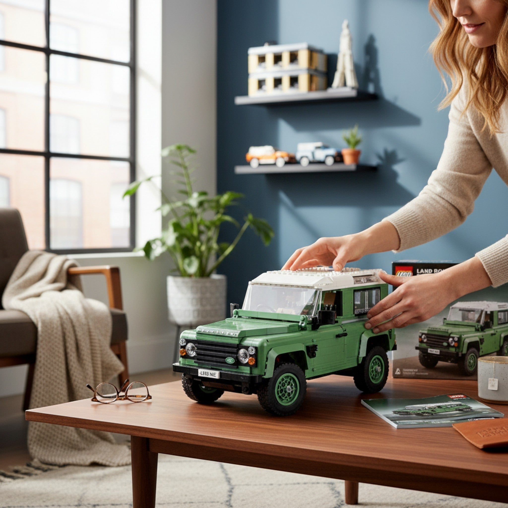 A Brick Apart LEGO Icons Land Rover Classic Defender 90 model in sand green being assembled on a wooden table.