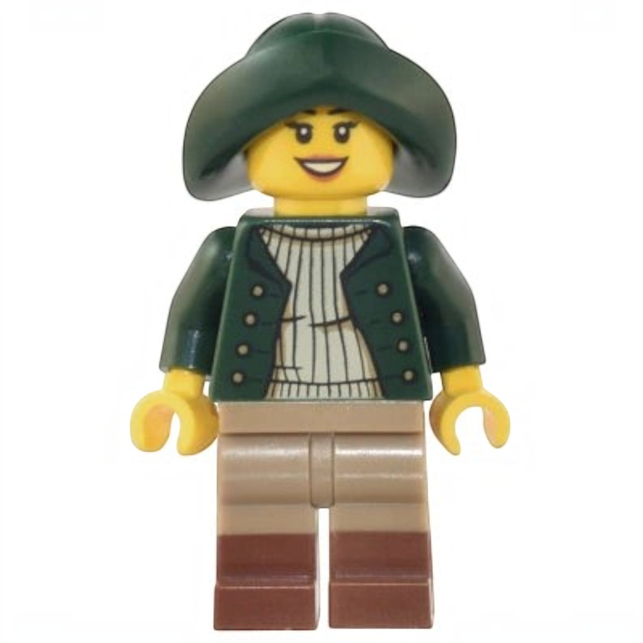 A Brick Apart LEGO minifigure of a lighthouse keeper wearing a dark green hat, matching jacket, and tan trousers.