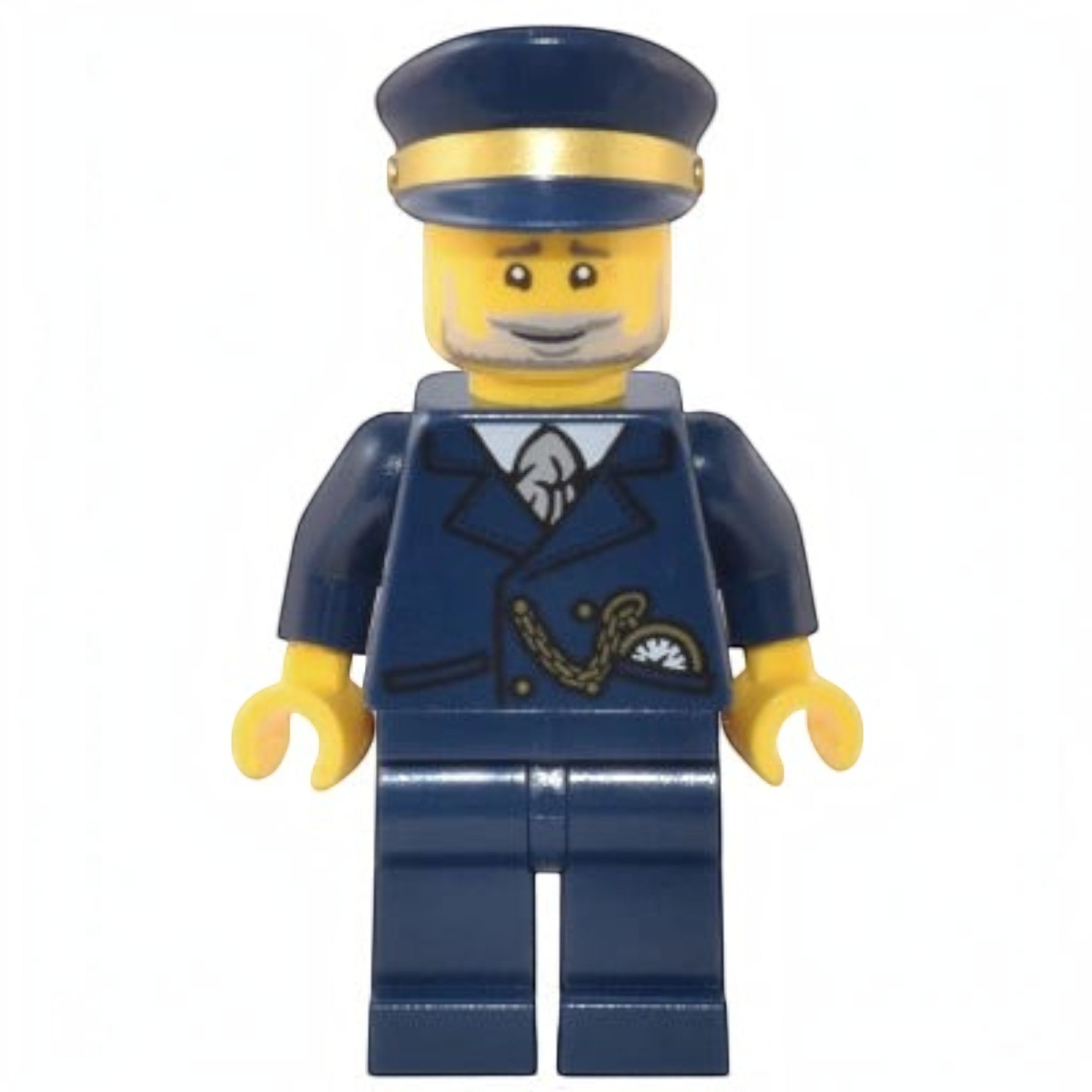 A Brick Apart LEGO lighthouse keeper minifigure wearing a dark blue uniform with a gold chain and matching cap.
