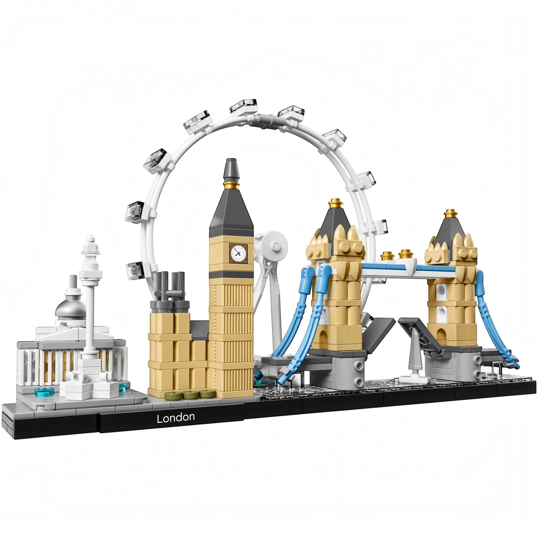 A Brick Apart LEGO Architecture London skyline set featuring the London Eye, Big Ben, and Tower Bridge on a baseplate.