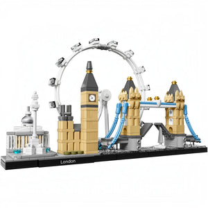 A Brick Apart LEGO Architecture London skyline set featuring the London Eye, Big Ben, and Tower Bridge on a baseplate.