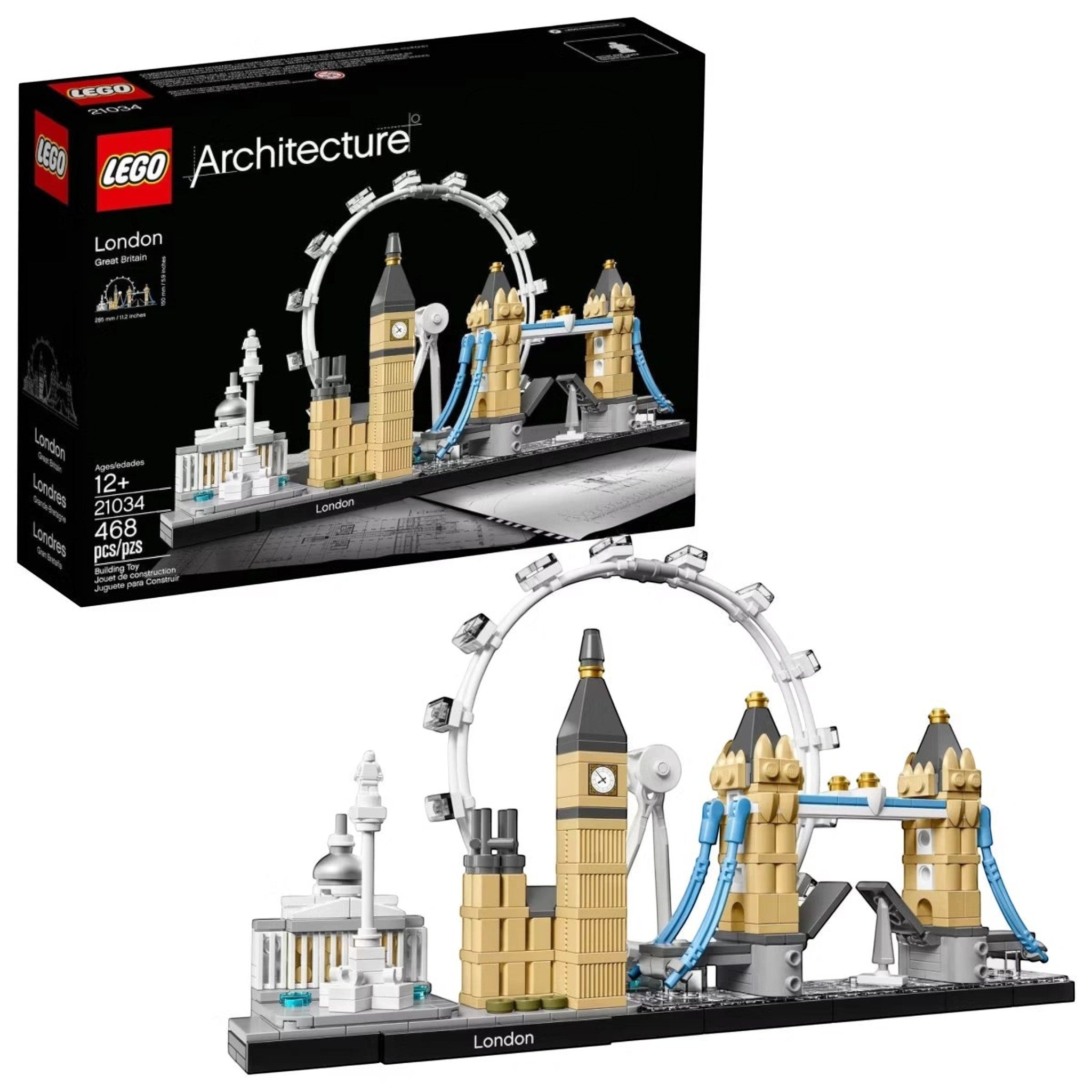 A Brick Apart LEGO Architecture London skyline model featuring Big Ben, Tower Bridge, and the London Eye on display.