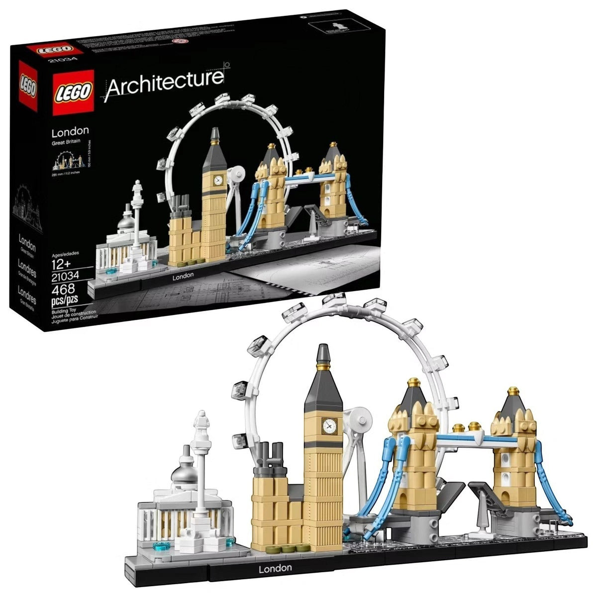 [box-set] A Brick Apart LEGO Architecture London skyline model featuring Big Ben, Tower Bridge, and the London Eye on display.