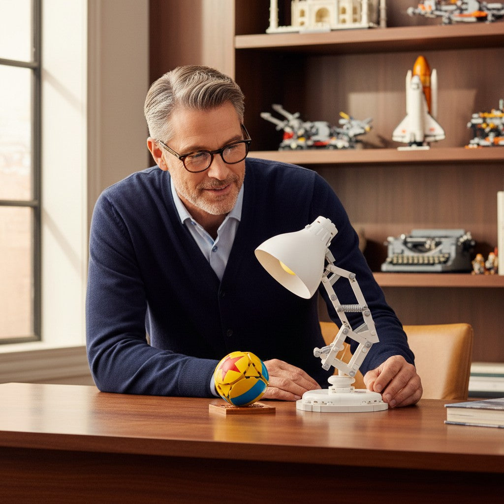 A Brick Apart LEGO Ideas Disney Pixar Luxo Jr. set with a buildable ball on a desk, displayed by a man in an office.