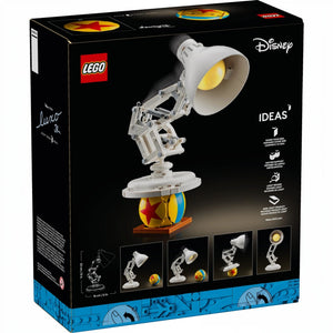 A Brick Apart LEGO Ideas Disney Pixar Luxo Jr. set box featuring the buildable white desk lamp and colorful ball.