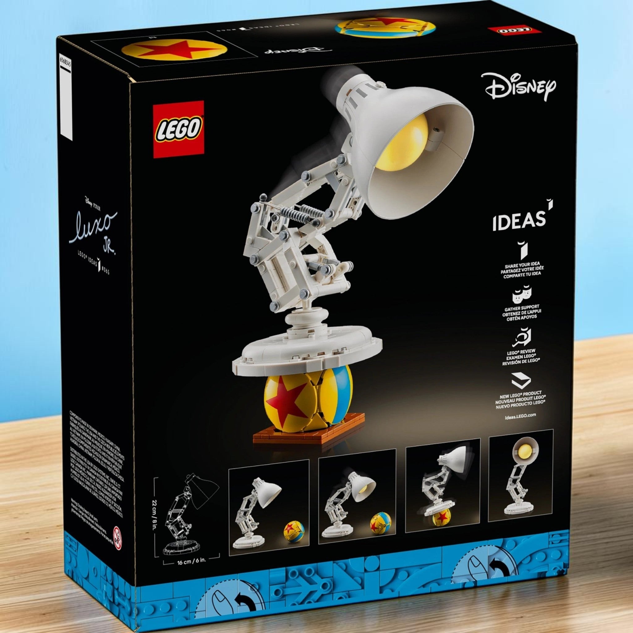 A Brick Apart LEGO Ideas Disney Pixar Luxo Jr. set box showing the buildable white desk lamp model and iconic ball.