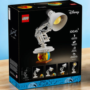 A Brick Apart LEGO Ideas Disney Pixar Luxo Jr. set box showing the buildable white desk lamp model and iconic ball.