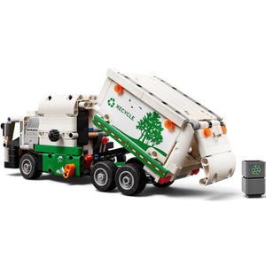 [built-angle] A Brick Apart LEGO Technic Mack LR Electric Garbage Truck with functional side loader, white and green recycling design.