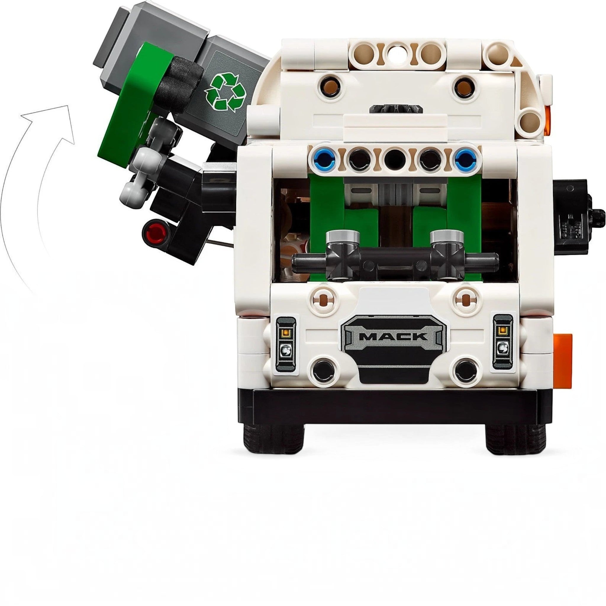 A Brick Apart LEGO Technic Mack LR Electric Garbage Truck showing the functional side loader lifting a recycling bin.