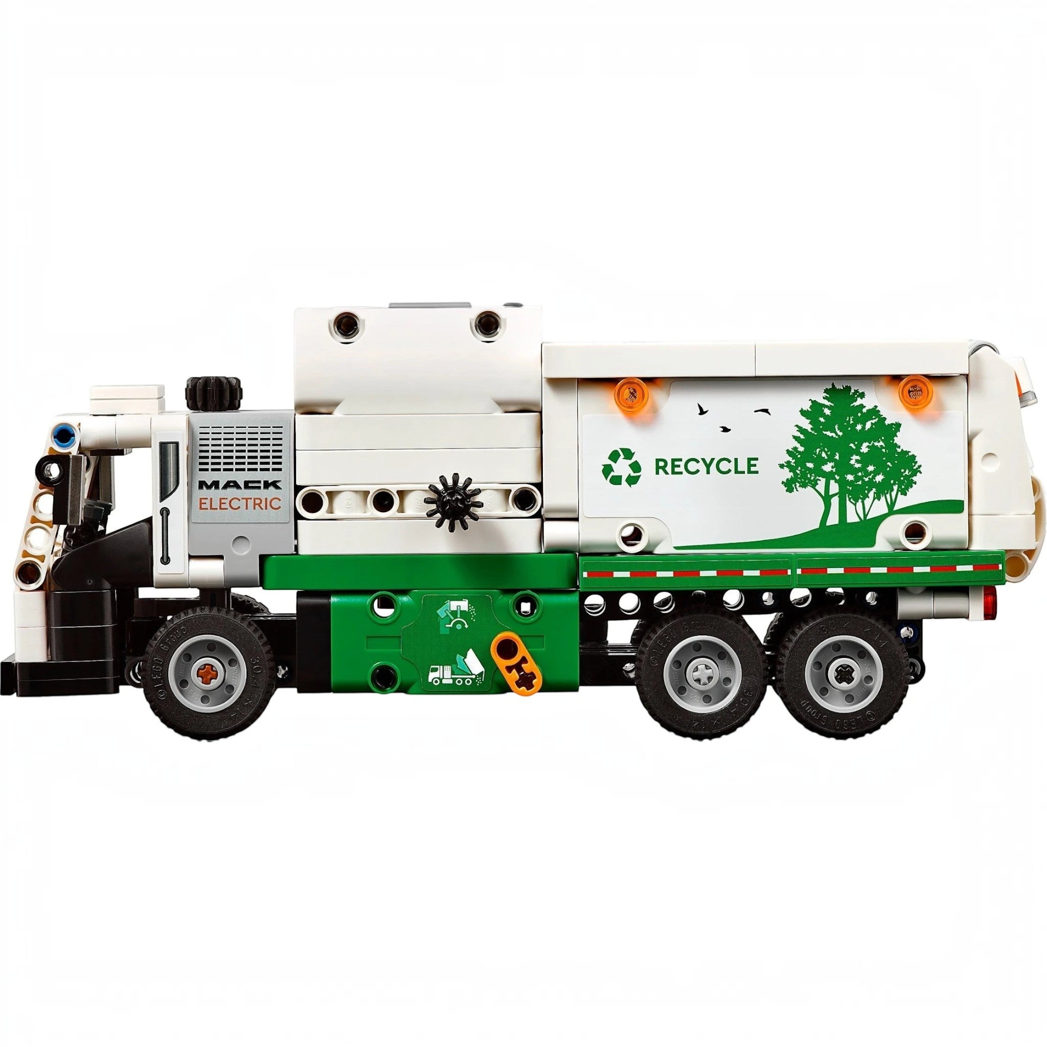A Brick Apart LEGO Technic Mack LR Electric Garbage Truck in white and green with realistic side loader features.