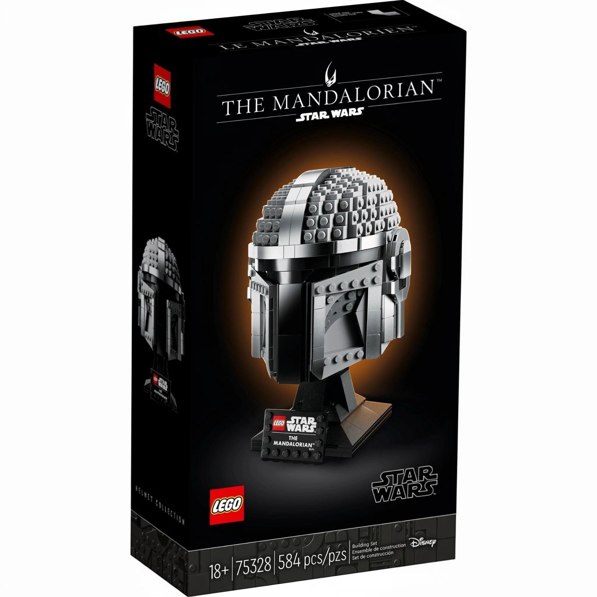 A Brick Apart LEGO Star Wars The Mandalorian helmet display model featuring metallic grey beskar armor details.
