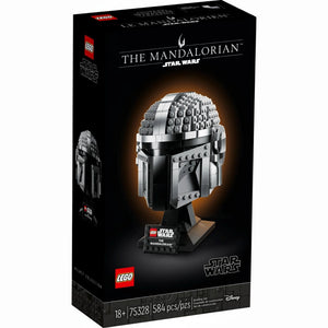 A Brick Apart LEGO Star Wars The Mandalorian helmet display model featuring metallic grey beskar armor details.