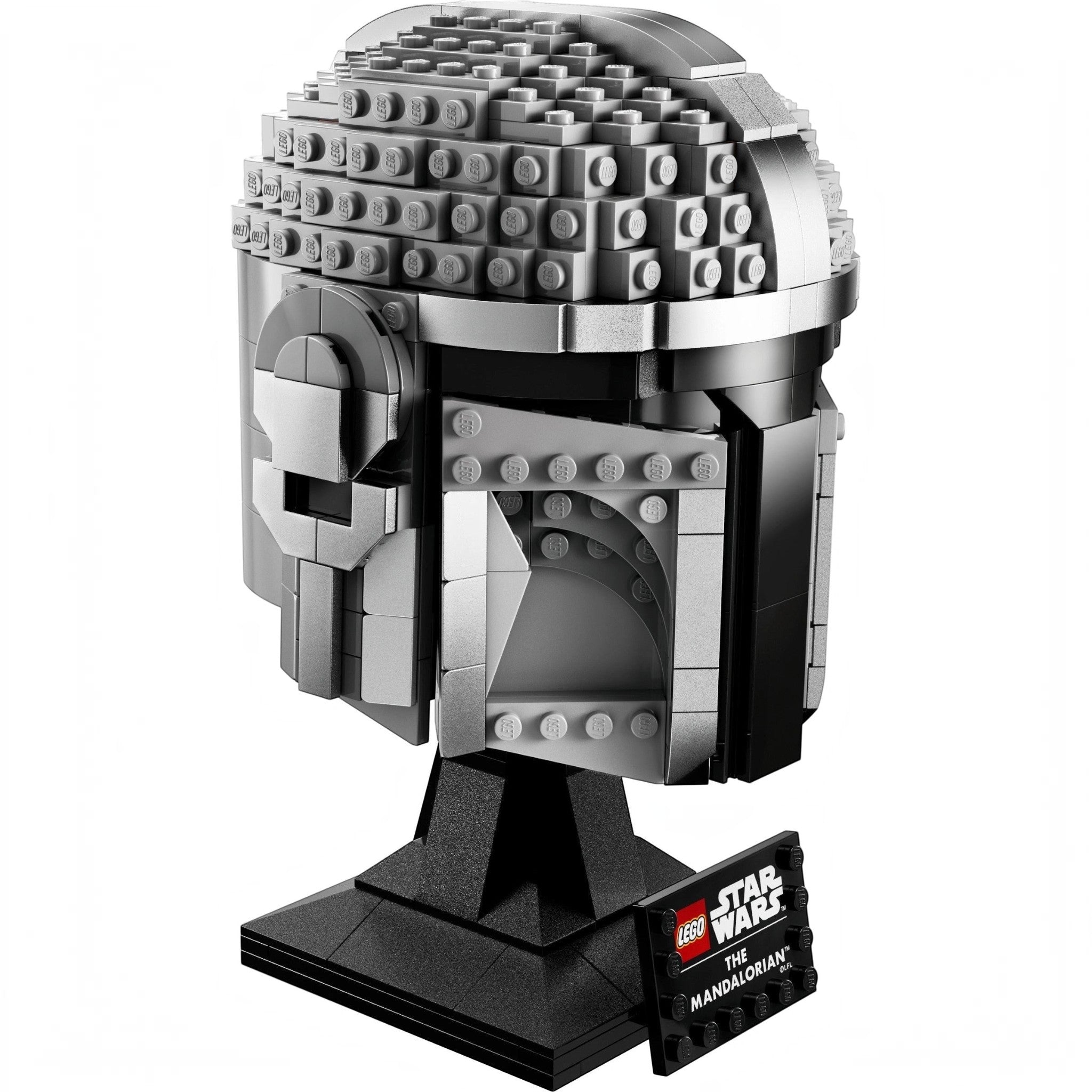 A Brick Apart LEGO Star Wars The Mandalorian helmet model featuring metallic grey beskar armor on a display stand.