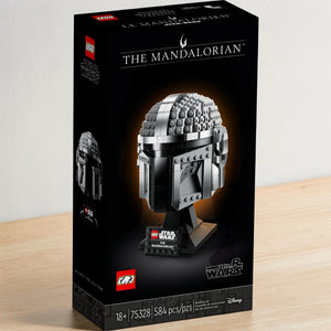 A Brick Apart LEGO Star Wars The Mandalorian helmet display set box featuring metallic grey beskar armor design