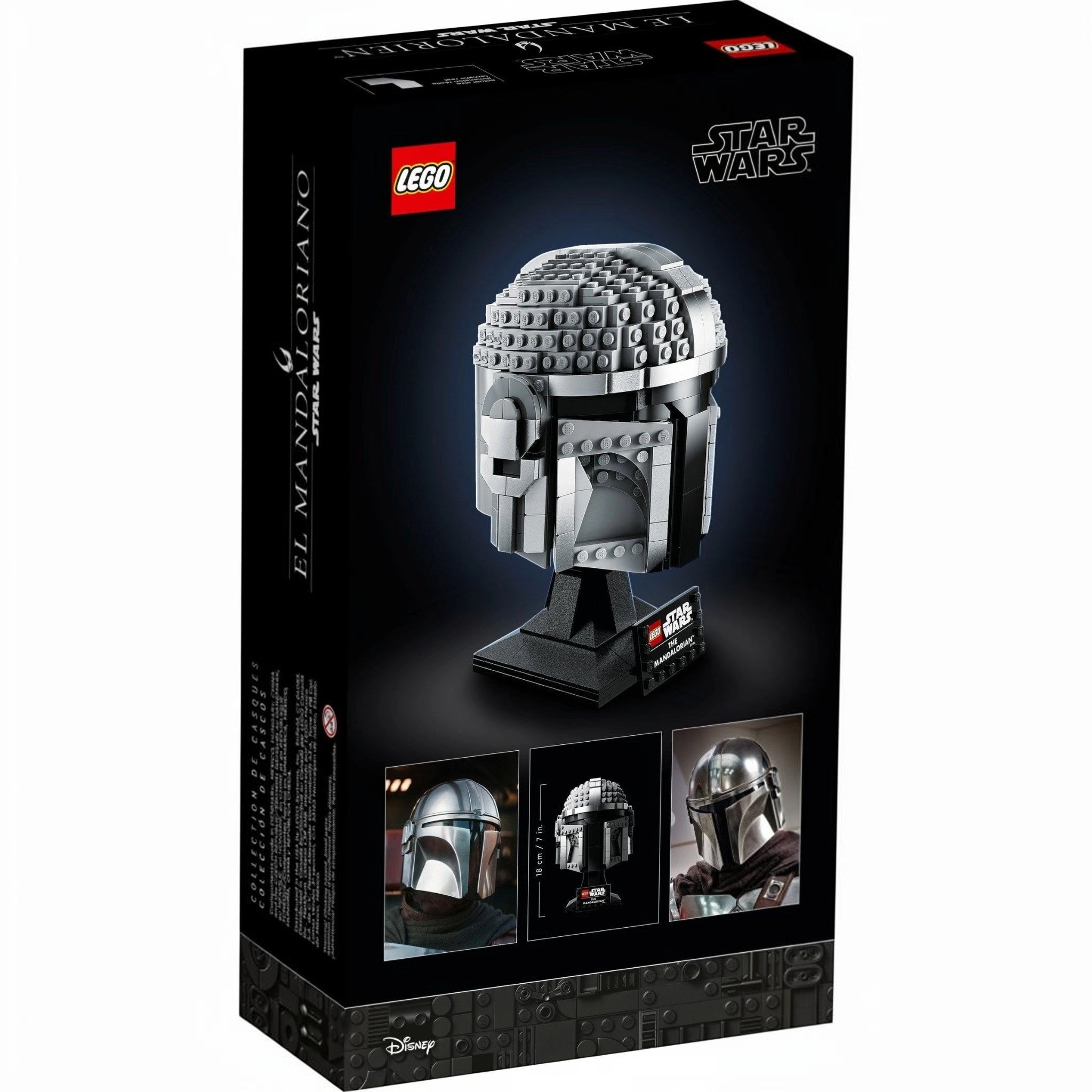 A Brick Apart LEGO Star Wars The Mandalorian helmet display set in box featuring metallic grey beskar armor details.