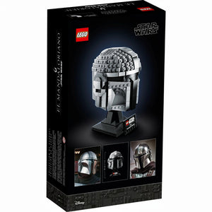 A Brick Apart LEGO Star Wars The Mandalorian helmet display set in box featuring metallic grey beskar armor details.