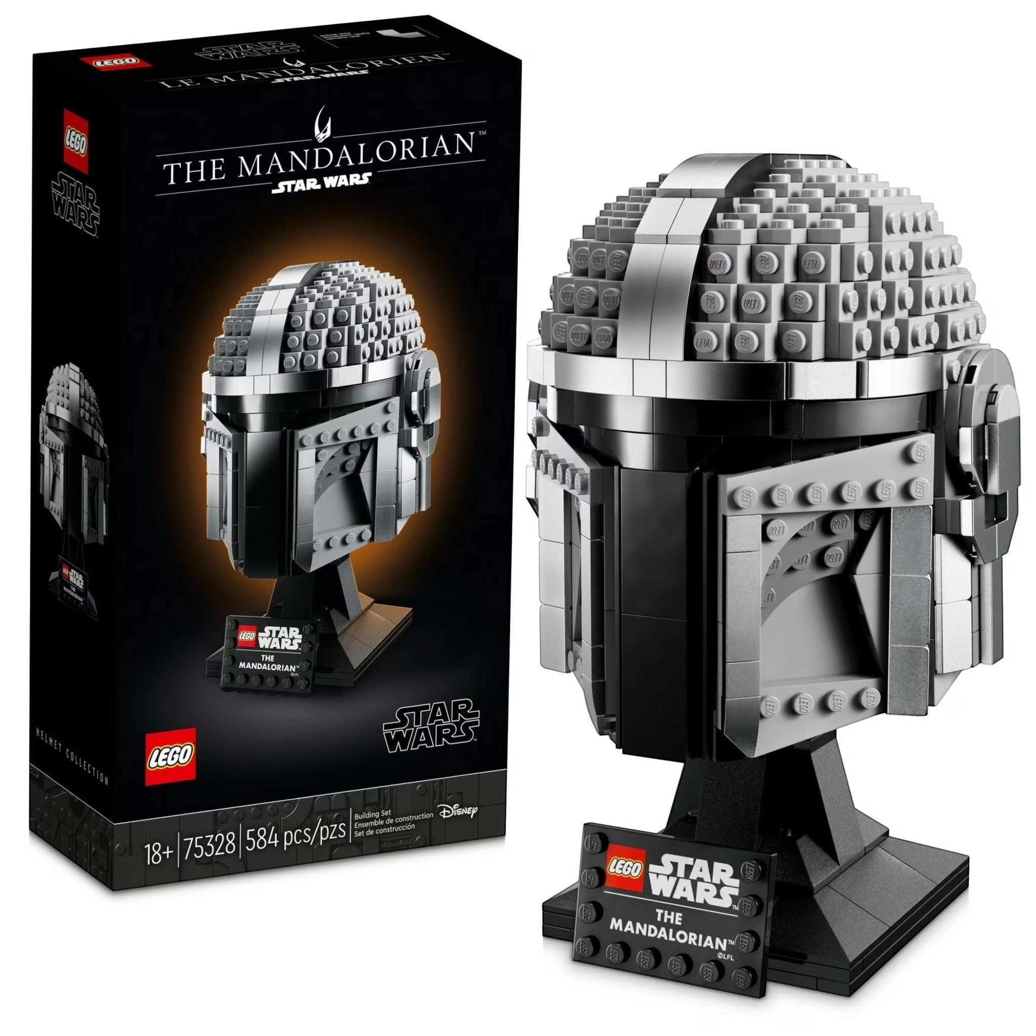 A Brick Apart LEGO Star Wars The Mandalorian helmet model with metallic grey beskar armor details on a display stand.
