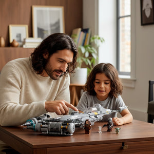 A Brick Apart LEGO Star Wars Mandalorian N-1 Starfighter set being built by a father and son at a wooden table.