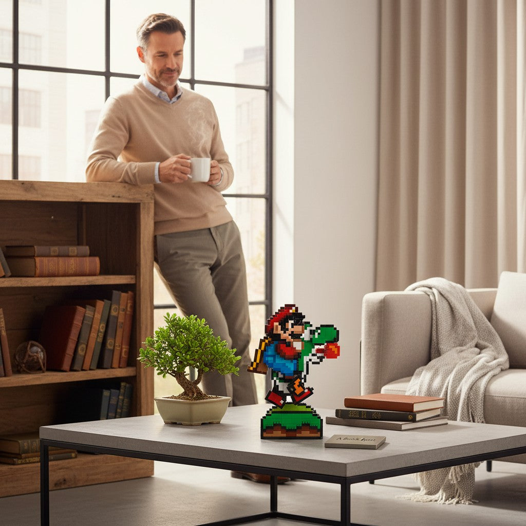 A Brick Apart LEGO Super Mario World Mario and Yoshi pixel art display model on a table in a cozy living room.
