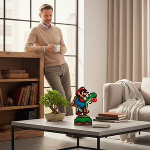 A Brick Apart LEGO Super Mario World Mario and Yoshi pixel art display model on a table in a cozy living room.