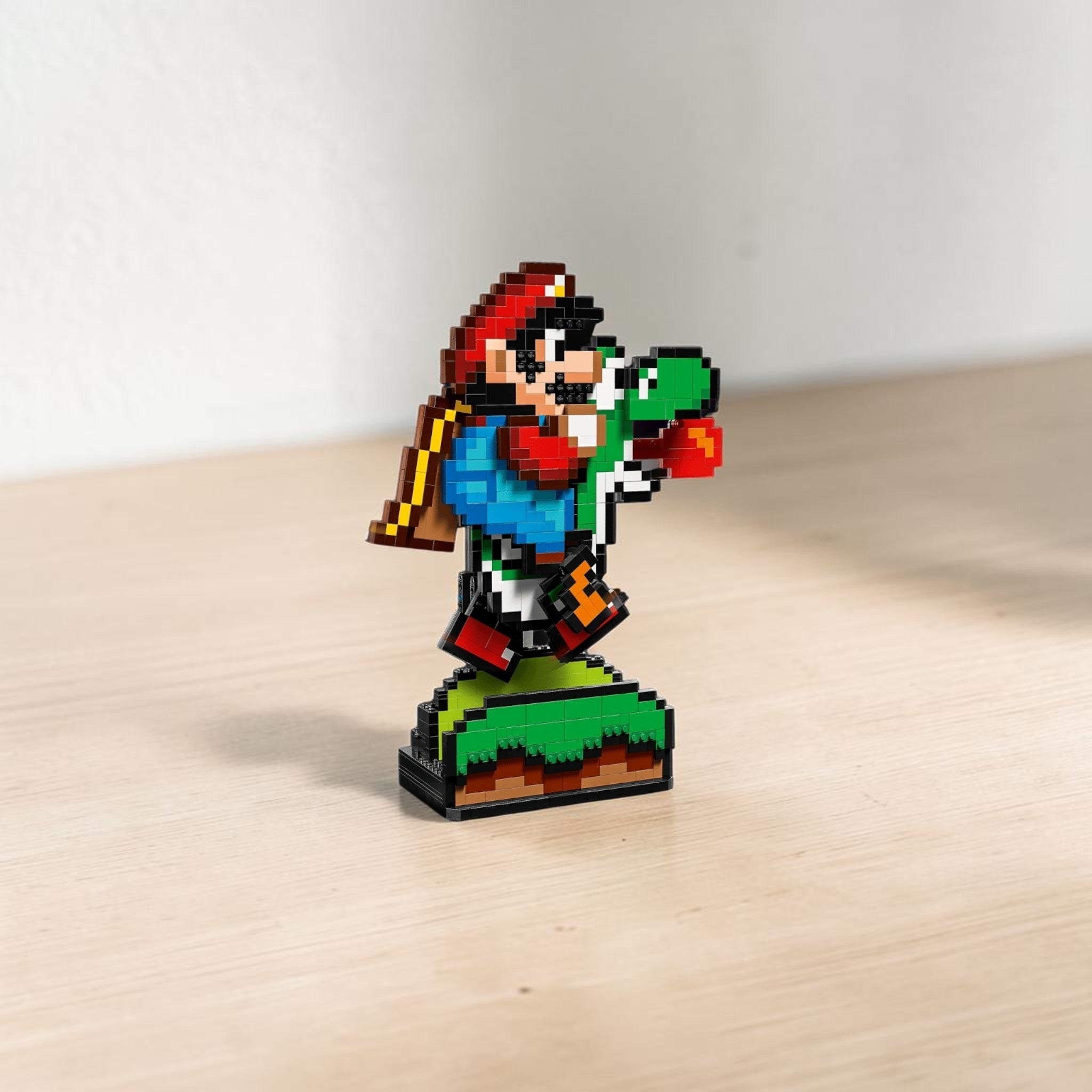 A Brick Apart LEGO Super Mario World pixelated Mario and Yoshi display model with interactive running features.