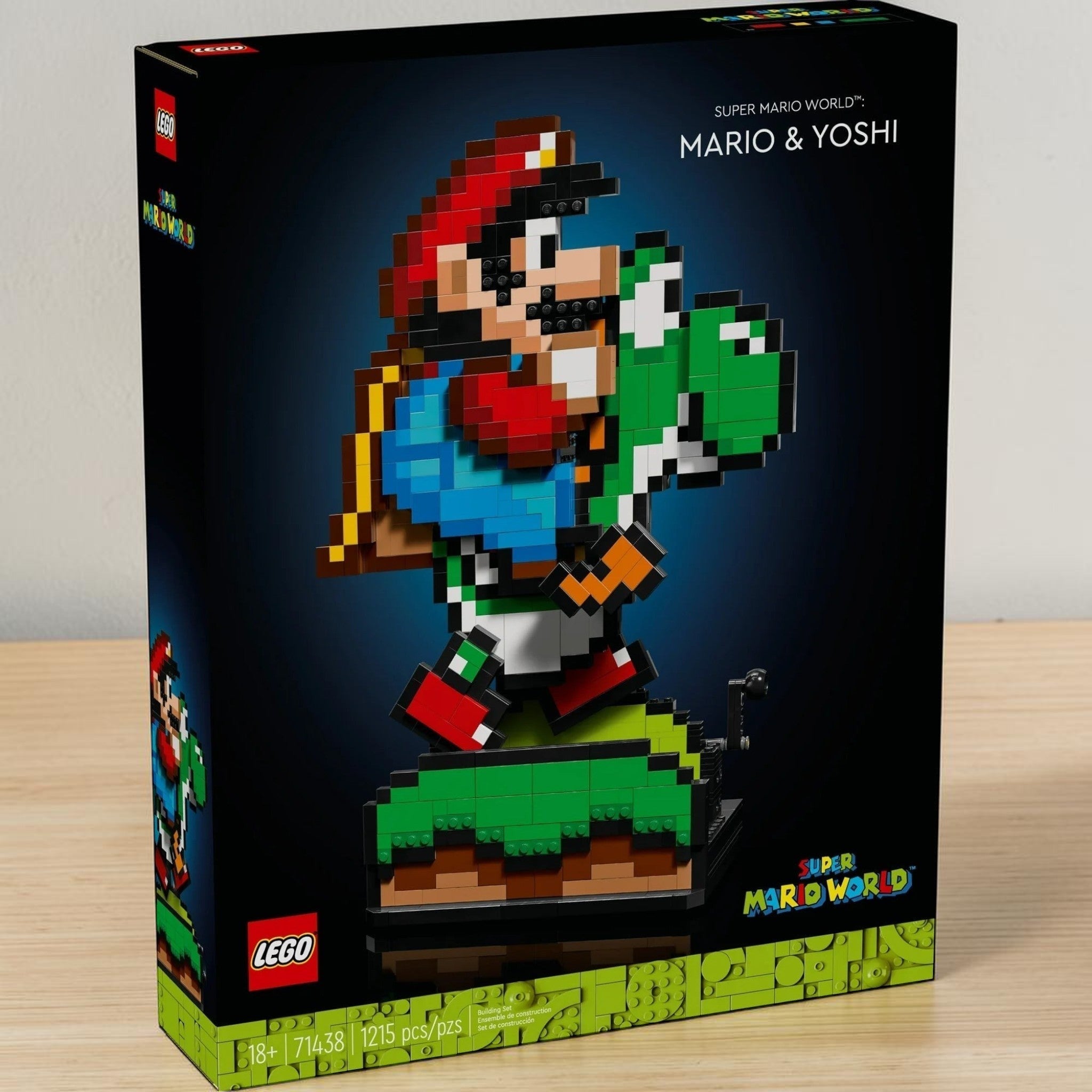 A Brick Apart LEGO Super Mario World Mario and Yoshi pixel art display model set in its retail packaging box.