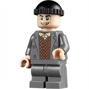 A Brick Apart LEGO Home Alone Marv minifigure wearing a grey coat, brown patterned vest, and black beanie hat.