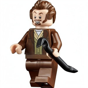 A Brick Apart LEGO Home Alone Marv minifigure holding a black crowbar accessory with a mischievous expression