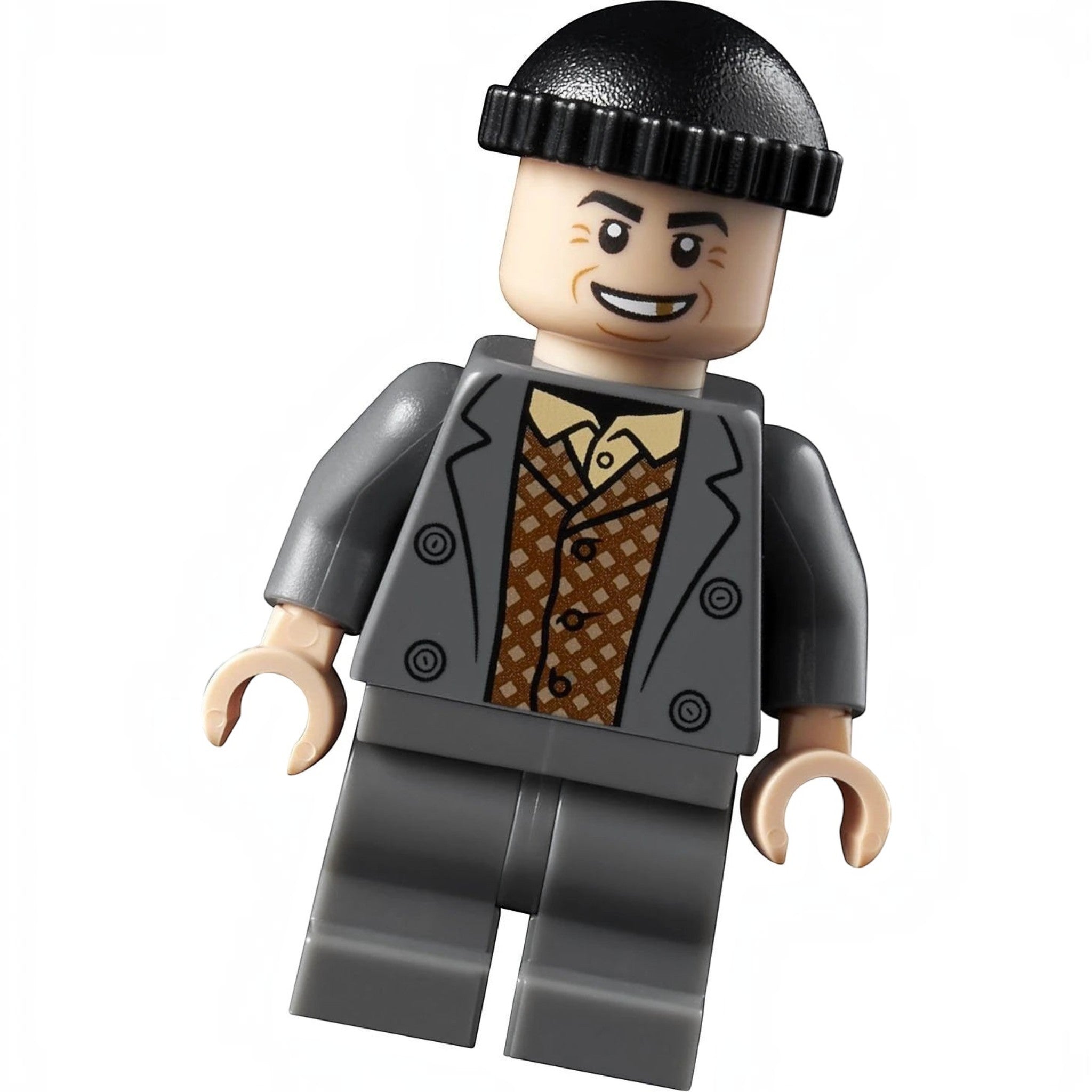A Brick Apart LEGO Home Alone Marv minifigure wearing a grey suit, brown patterned vest, and a black beanie hat.