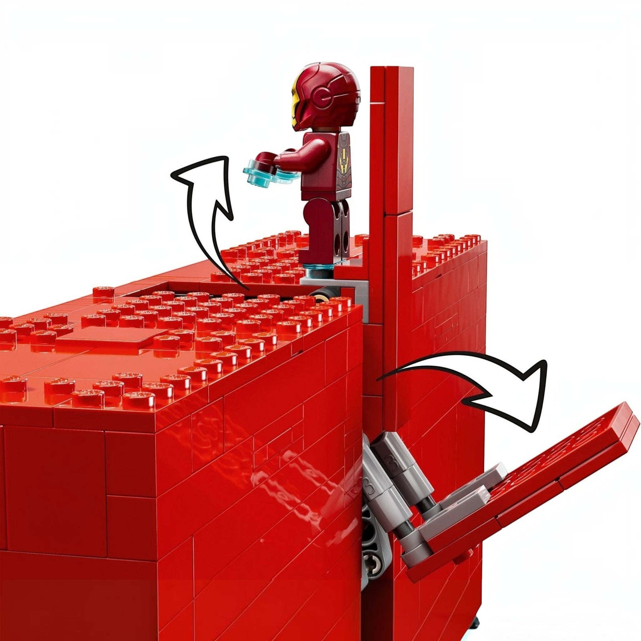 A Brick Apart LEGO Marvel logo set showing Iron Man minifigure popping out from the red brick structure