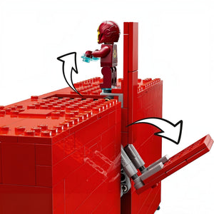A Brick Apart LEGO Marvel logo set showing Iron Man minifigure popping out from the red brick structure